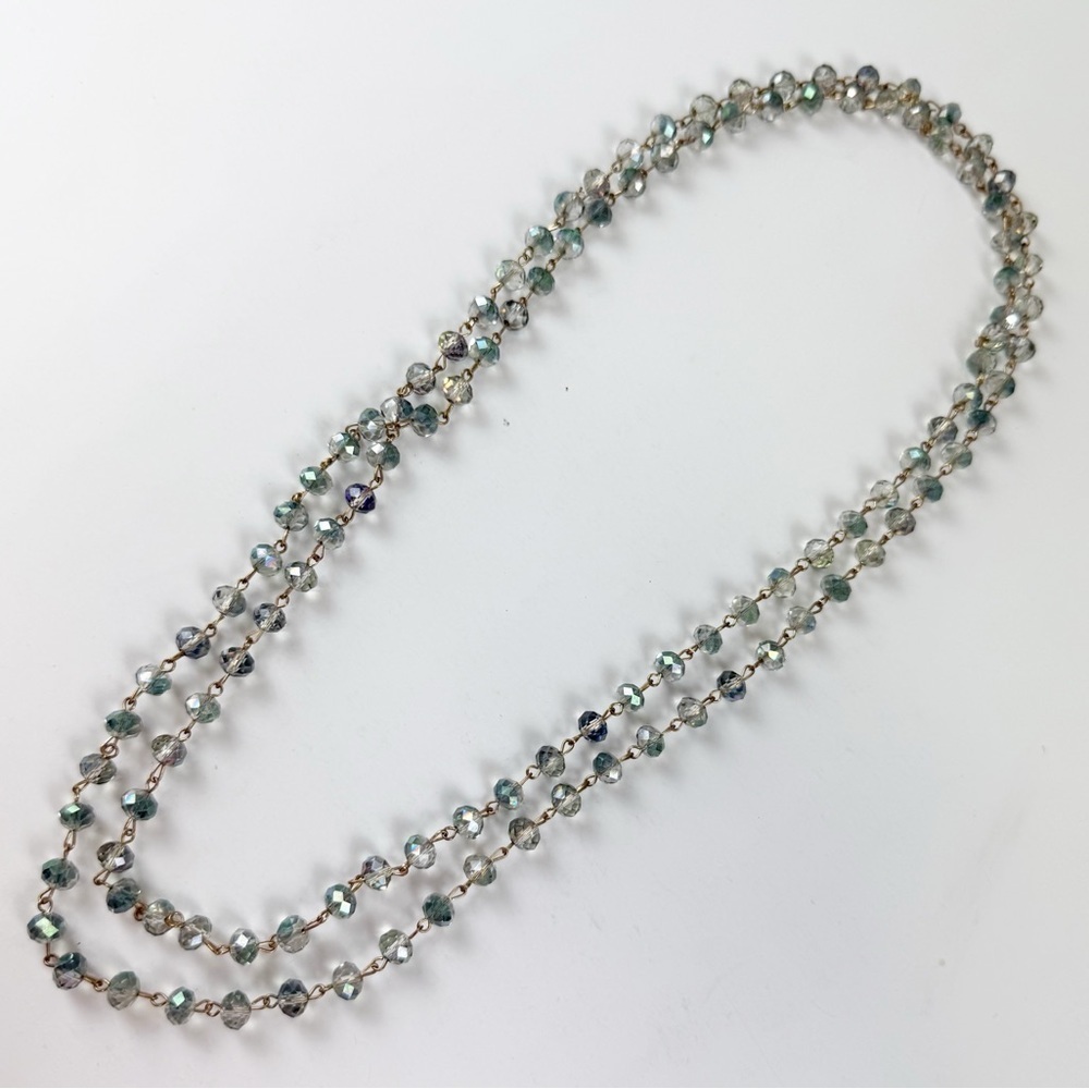 Long Statement Necklace Clear Green Blue Sparkle Beaded Looping and Layering